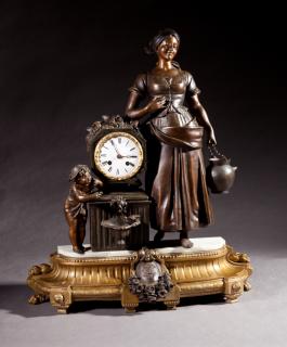 Appraisal: Patinated and Gilt Spelter Figural Mantel Clock Patinated and Gilt