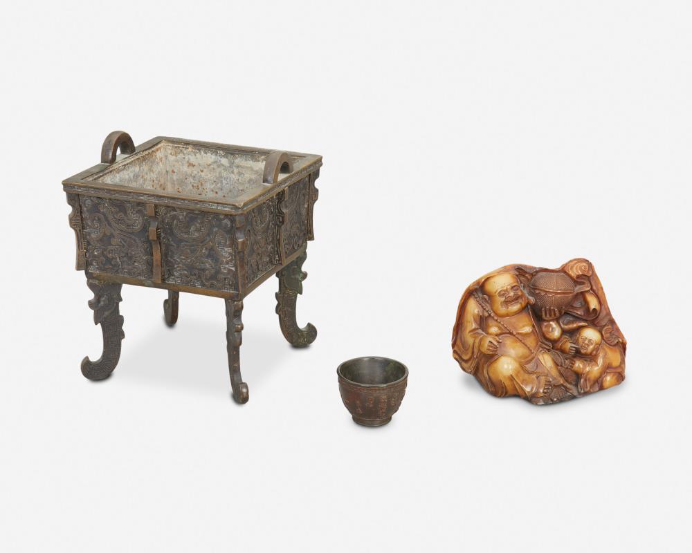 Appraisal: Three Chinese table objects th Century Comprising a patinated bronze