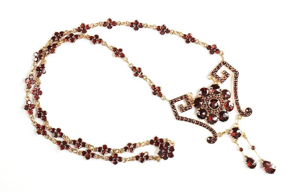 Appraisal: A VICTORIAN STYLE VERMEIL AND GARNET ORNATE NECKLACE A VICTORIAN