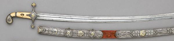 Appraisal: A silver-mounted Turkish shamshir Slightly curved inch blade with two