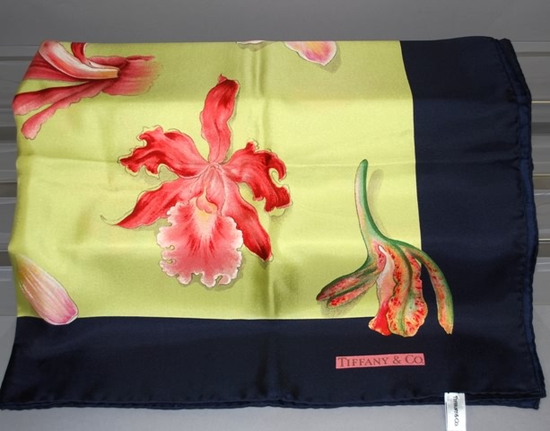 Appraisal: Tiffany Co blue green botanical print silk scarf with navy