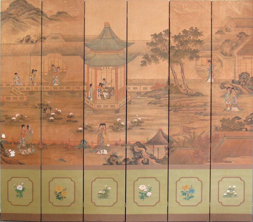 Appraisal: Six Panel Chinese Painted Screen Ink and color on silk