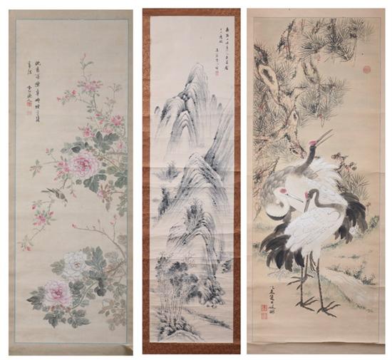 Appraisal: CHINESE SCHOOL BIRDS WITH PEONIES Signed and sealed ink and