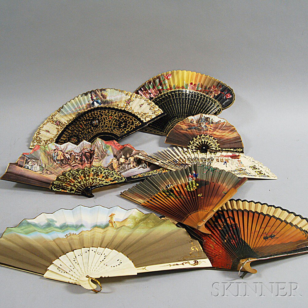 Appraisal: Eight Fans Spain th and th century hand-painted silk wood