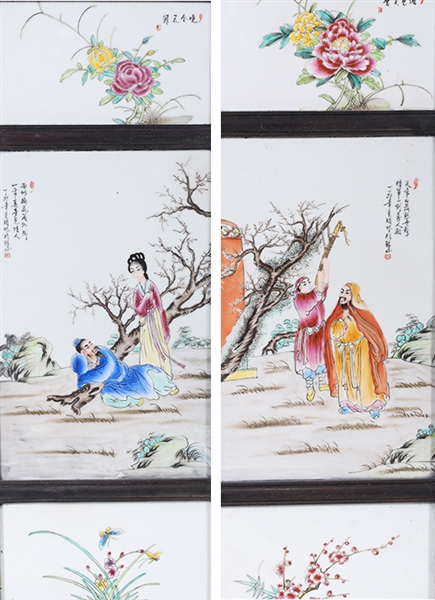 Appraisal: Two Chinese framed enameled porcelain plaques each in three sections