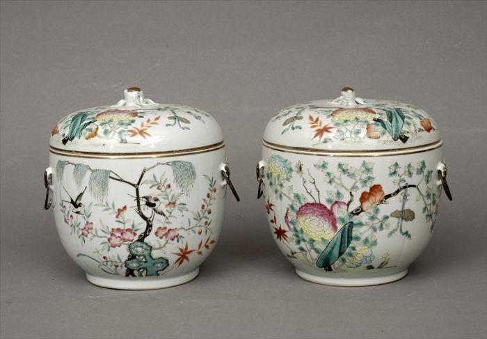 Appraisal: Pair of Chinese Famille Rose Porcelain Covered Jars with Metal