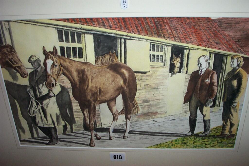 Appraisal: A watercolour of an equestrian scene with figures inspecting a