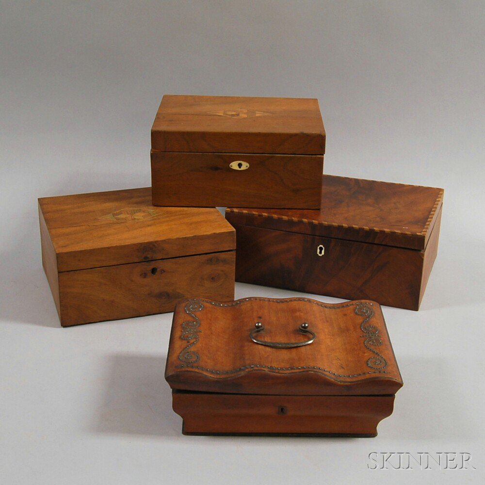 Appraisal: Four Decorative Boxes th and th century an inlaid mahogany