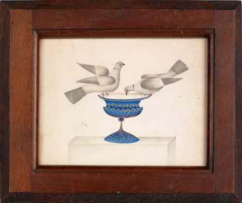 Appraisal: American watercolor on paper drawing ca - of two doves