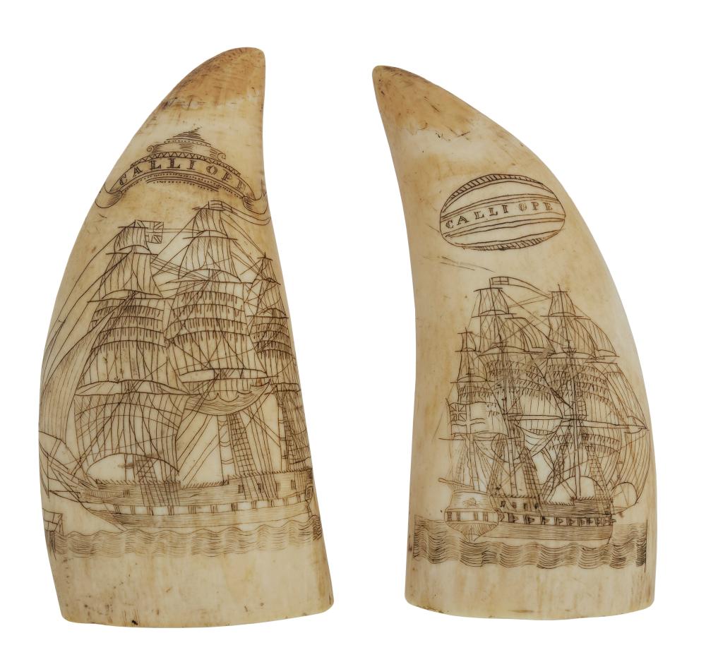 Appraisal: PAIR OF SCRIMSHAW WHALE S TEETH WITH SAILOR S ADIEU