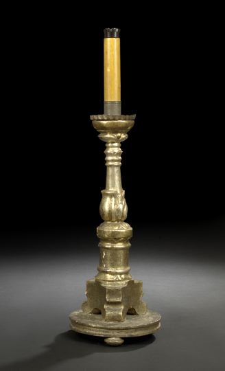 Appraisal: Italian Turned Carved Gilded and Antiqued Wooden Pricket Candlestick first