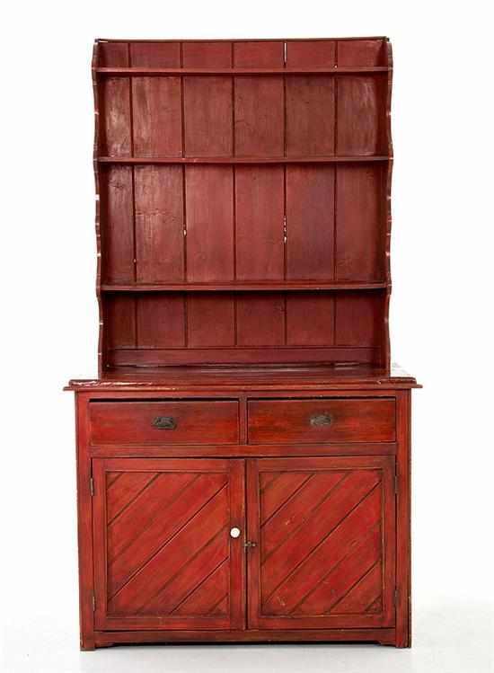 Appraisal: English country painted step-back cupboard mid th century top section