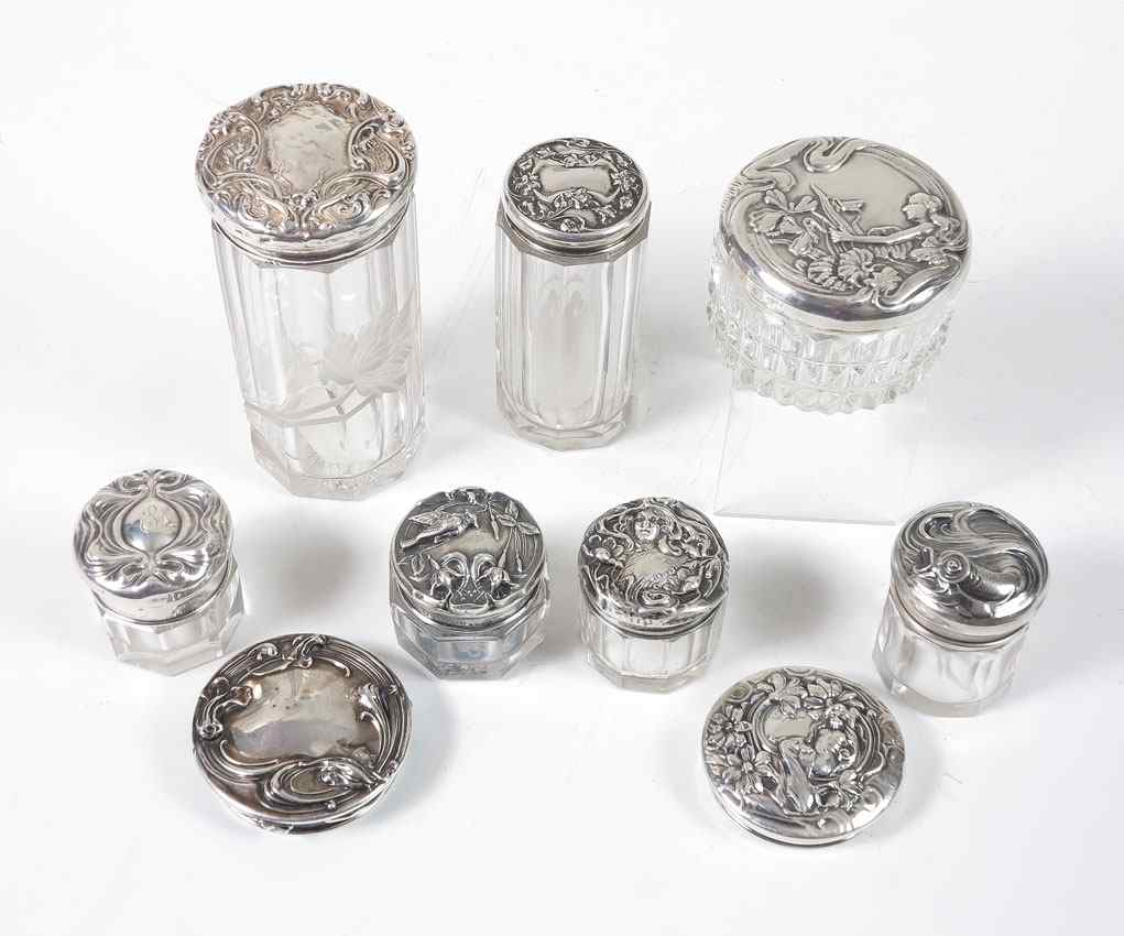 Appraisal: PIECE ART NOUVEAU STERLING LIDDED DRESSER ITEMS To include Floral