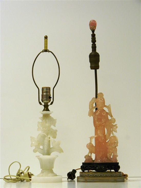 Appraisal: Two carved stone electrified lamps rose quartz figural lamp woman