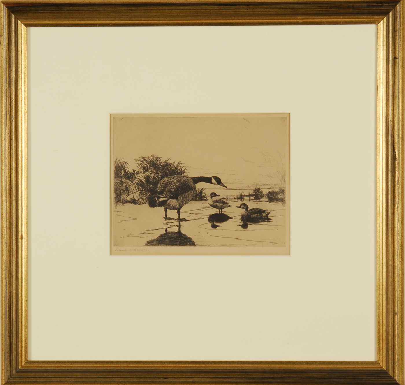 Appraisal: FRAMED FRANK BENSON ETCHINGCirca A lone goose with two teal