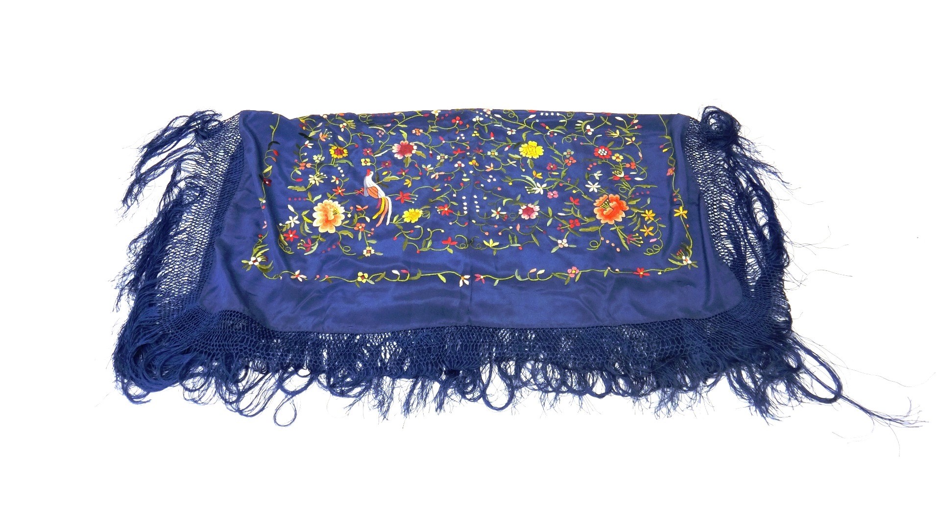 Appraisal: A Chinese blue ground silk wrap th century embroidered with