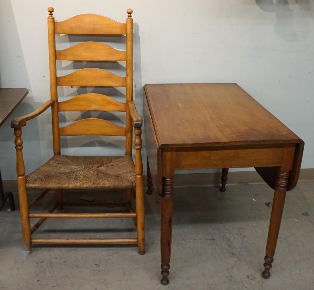 Appraisal: Late Federal Style Cherry Drop-Leaf Table and Ladder-Back Rush Seat