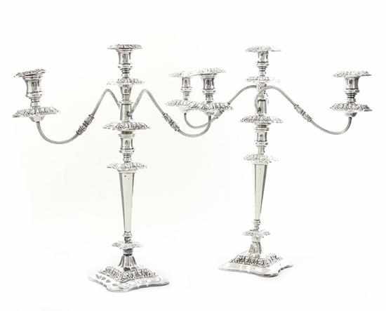 Appraisal: Pair English silverplate three-light candelabra th century decorated in the