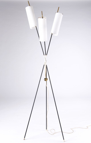 Appraisal: ARREDOLUCE Three-legged floor lamp with frosted glass cylindrical shades on