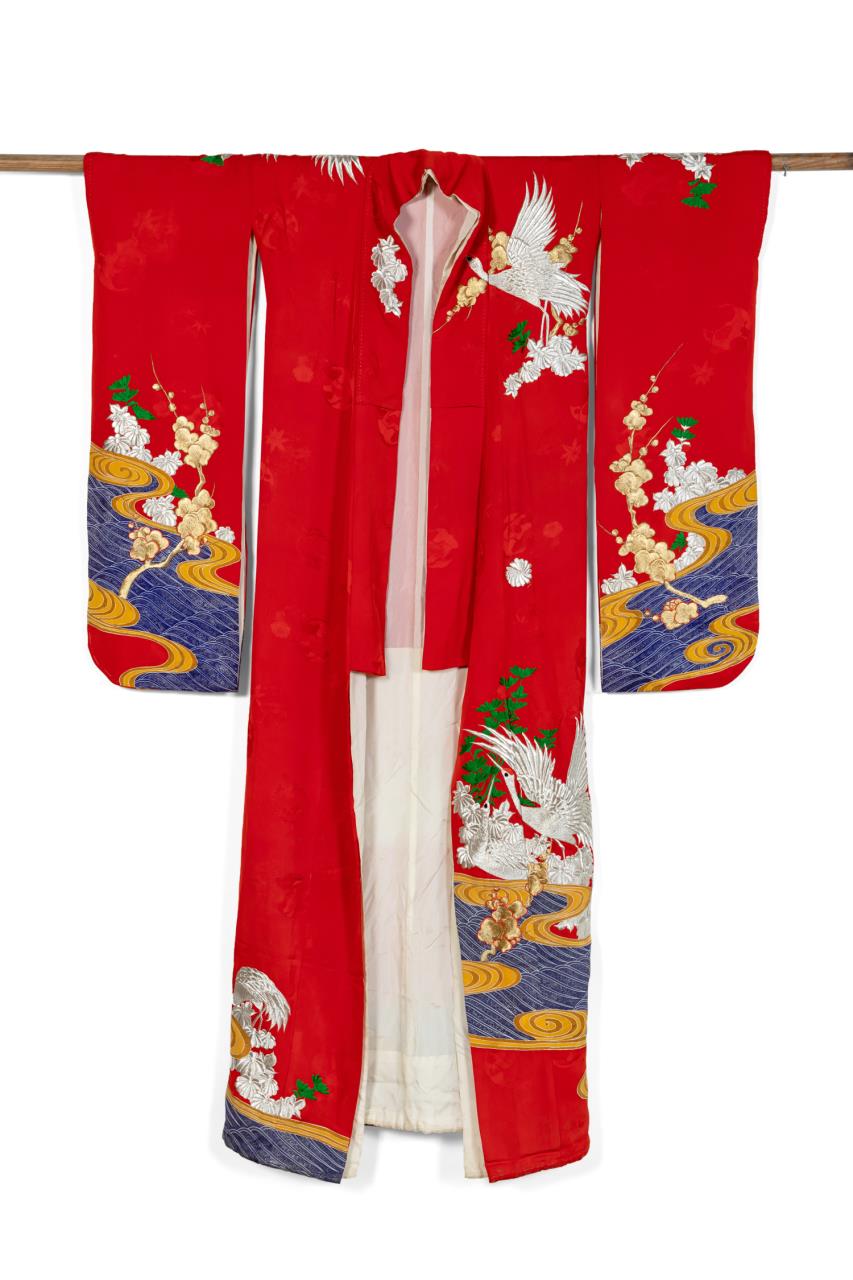 Appraisal: VINTAGE JAPANESE CEREMONIAL KIMONO W CRANES Vintage Japanese ceremonial red