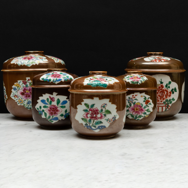 Appraisal: Group of Five Chinese Export Caf au Lait Ground Porcelain