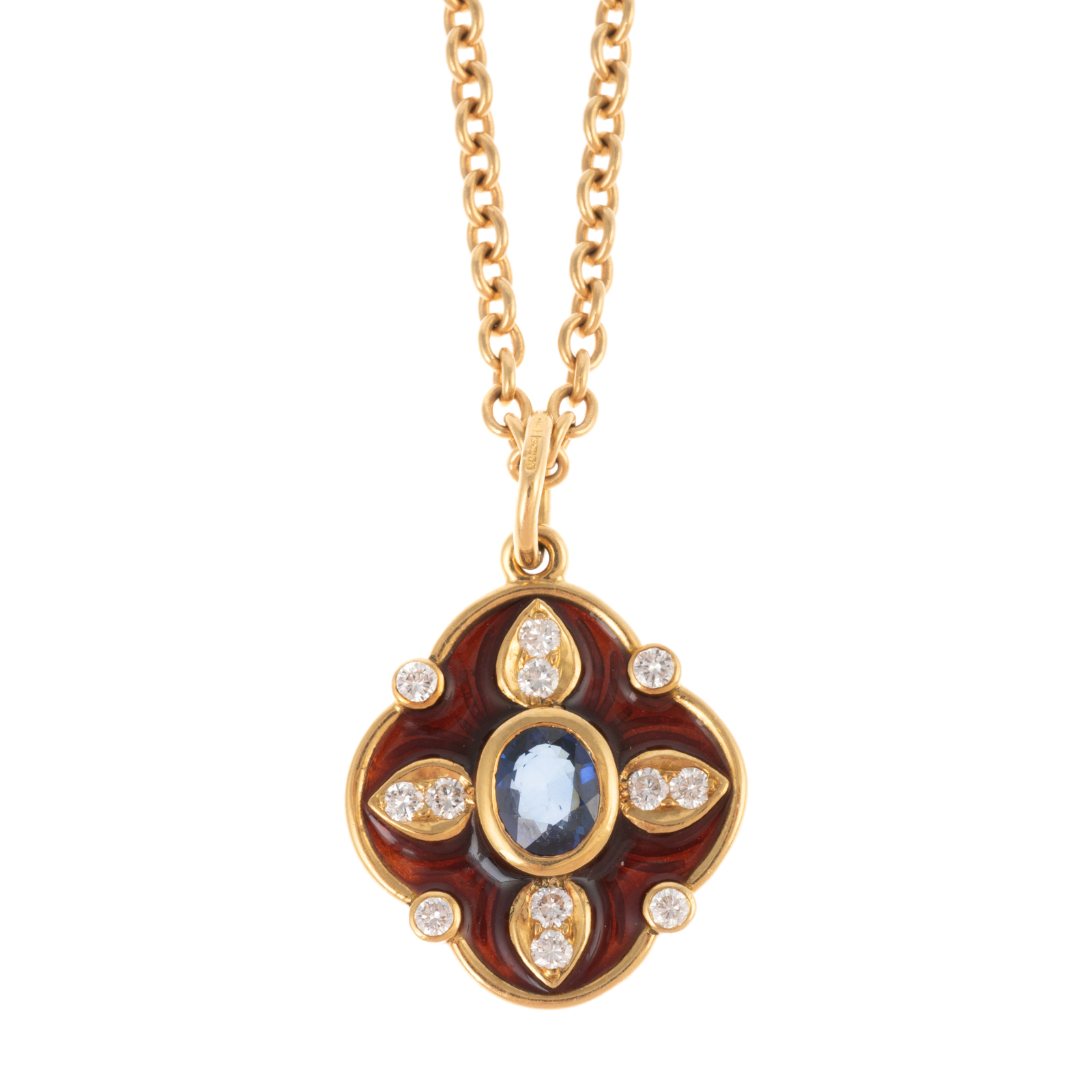 Appraisal: AN K ENAMEL SAPPHIRE DIAMOND PENDANT K yellow gold pendant