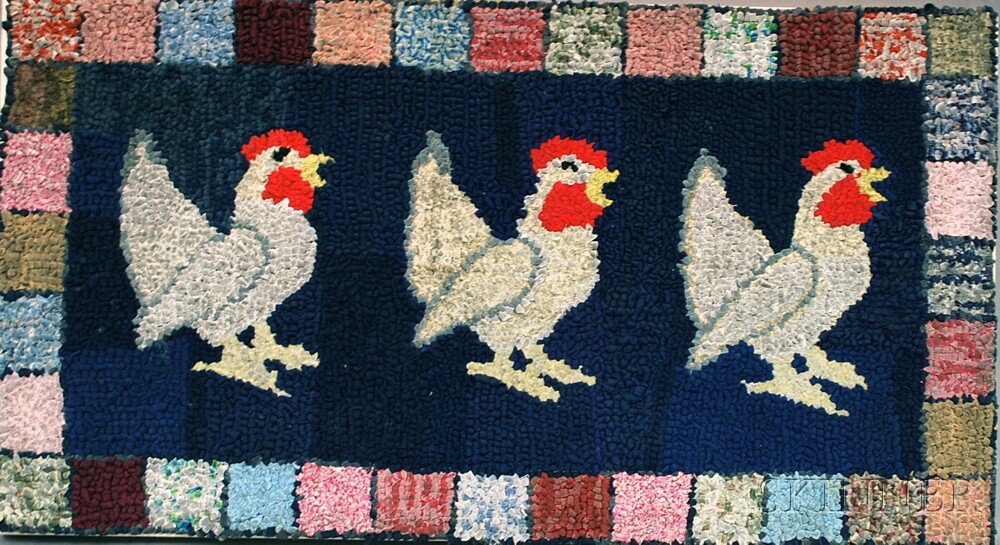 Appraisal: Mounted Figural Hooked Rug th th century depicting three roosters