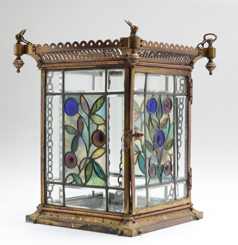 Appraisal: AESTHETIC MOVEMENT HALL LANTERN ENGLISH Brass leaded glass x x