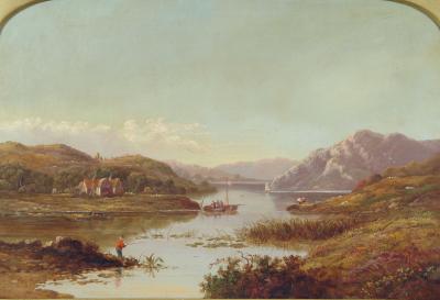 Appraisal: J LESLIE th century Lakescene with Cottage and Fisherman in