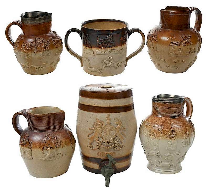 Appraisal: Six Sprig Decorated Saltglazed Stoneware Vessels British th early th