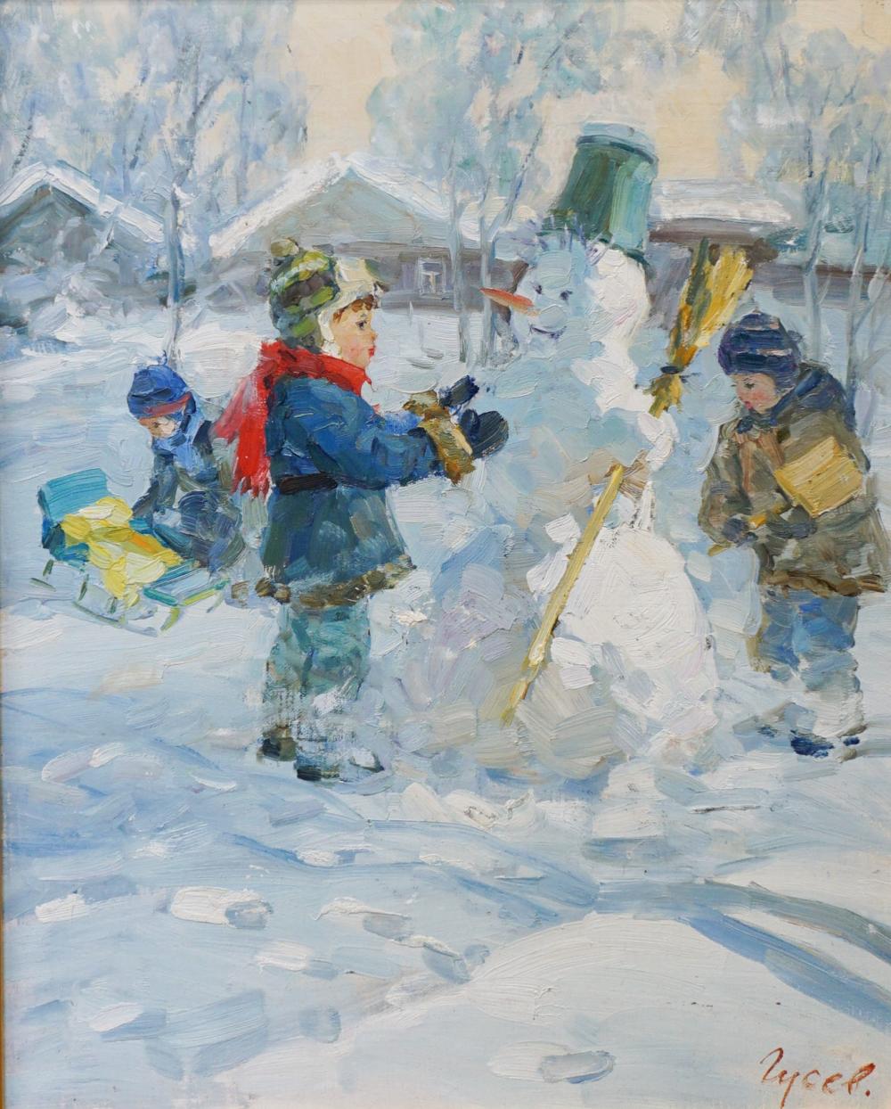 Appraisal: Vladimir Goussev Russian b Building a Snowman Oil on Canvas