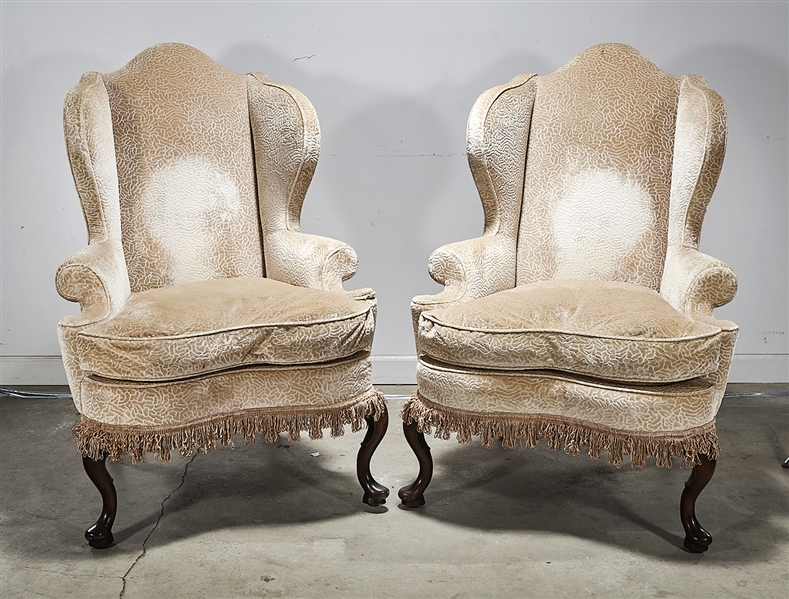 Appraisal: Pair of Queen Anne-style fauteuil armchairs with fringe-edged design x