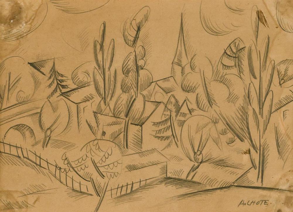 Appraisal: ANDR LHOT French - Landscape with Church pencil on paper