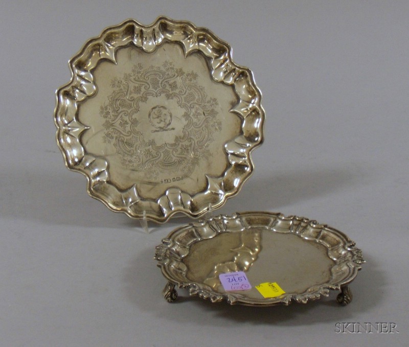 Appraisal: Two English Silver Card Salvers both Sheffield one footed the