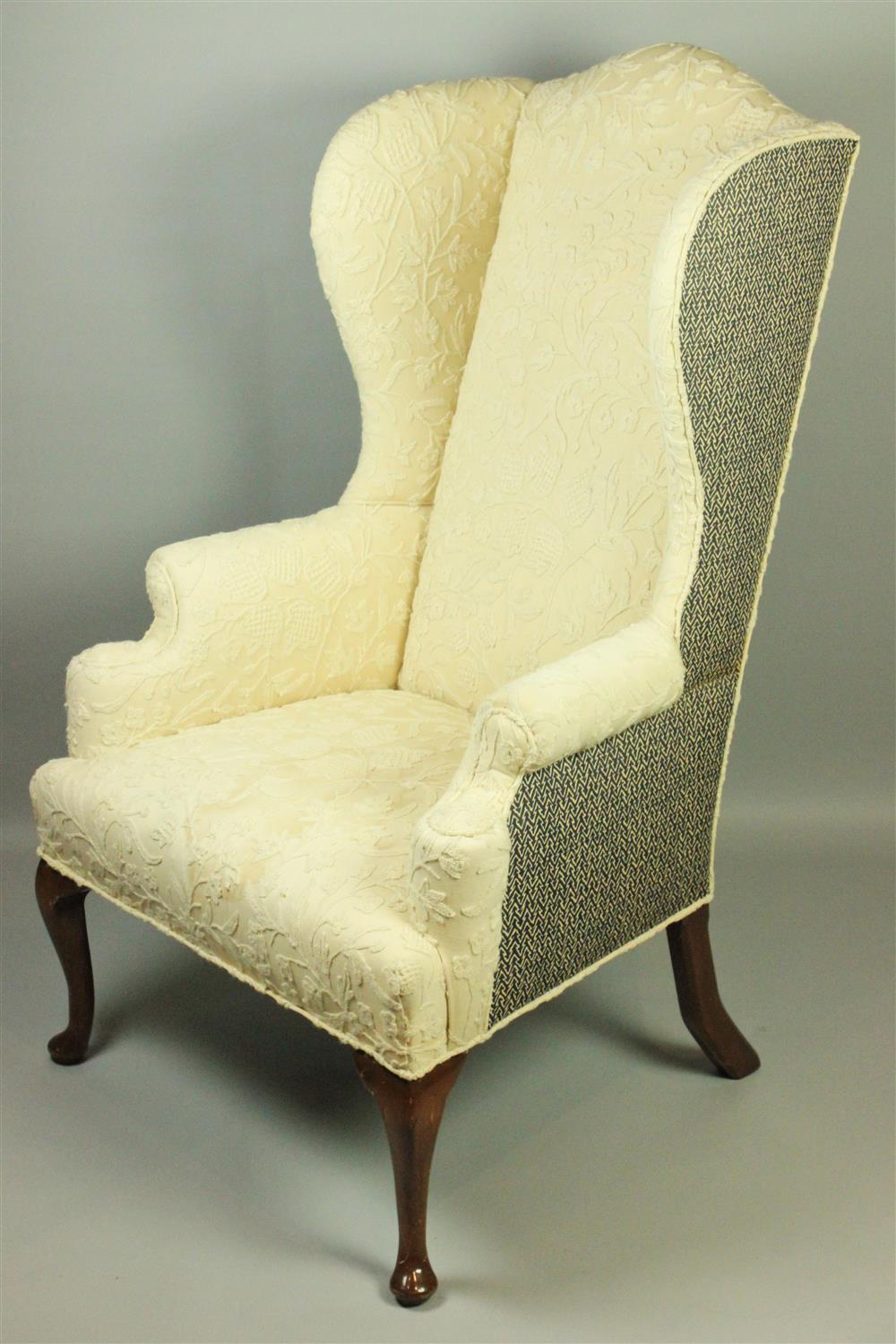 Appraisal: QUEEN ANNE STYLE MAHOGANY WING CHAIR WITH CREAM CREWEL UPHOLSTERY