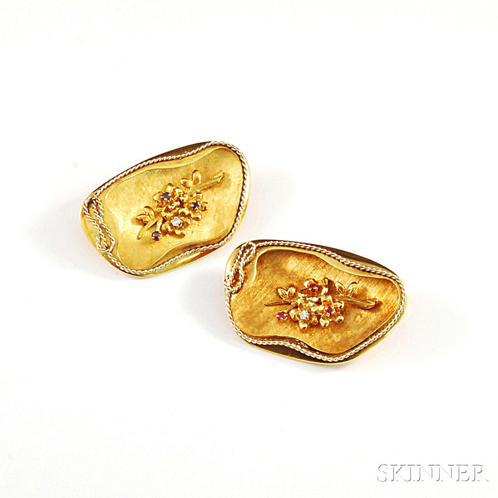 Appraisal: Pair of Krementz kt Gold Gem-set Pins the brushed pins