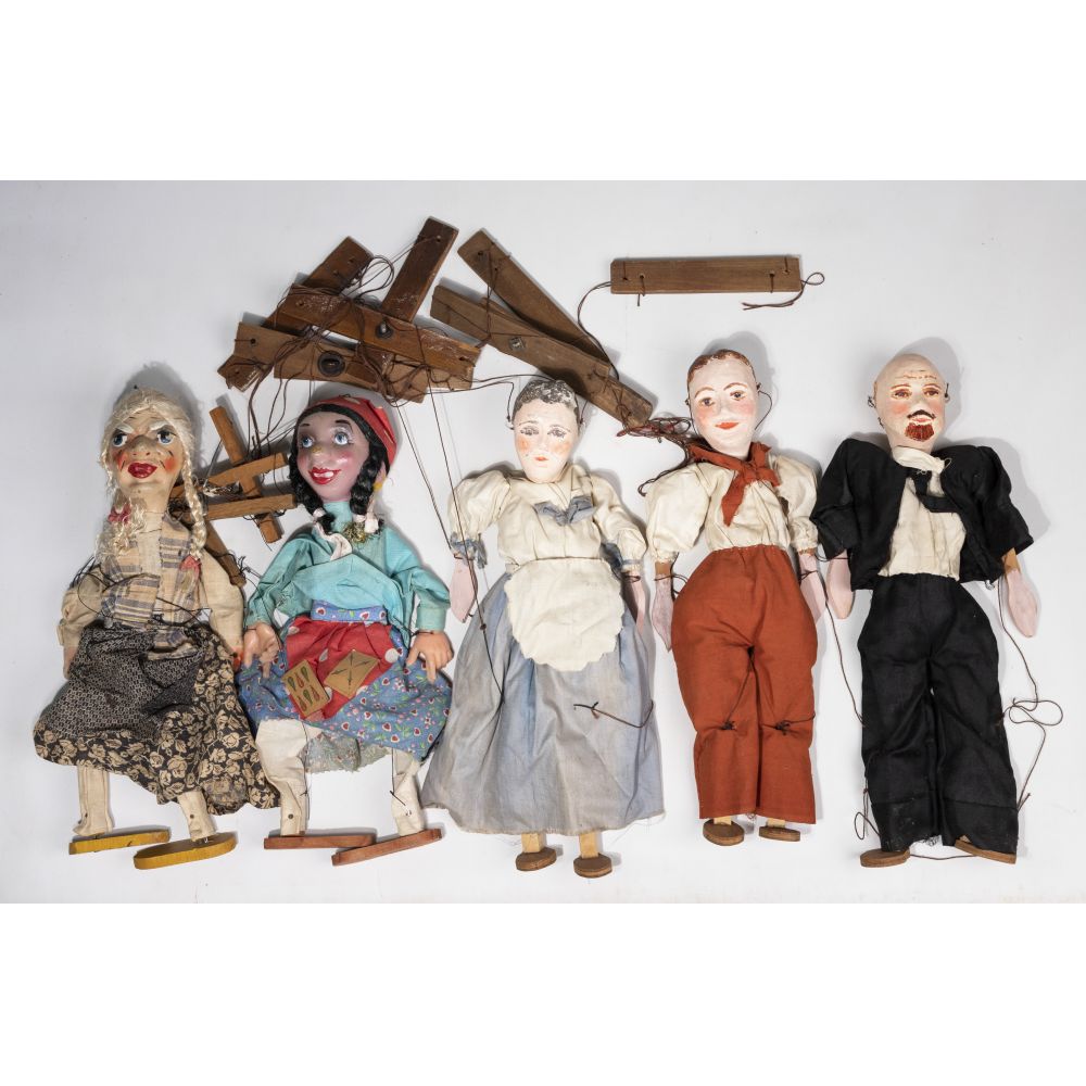 Appraisal: MARIONETTE ASSORTMENT string puppets having composition heads wood bodies arms