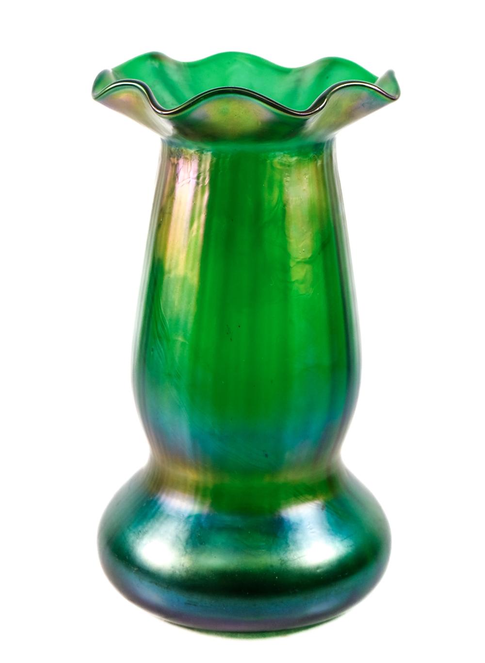 Appraisal: BOHEMIAN IRIDIZED BLUE GREEN ART GLASS VASEBohemian iridized blue green