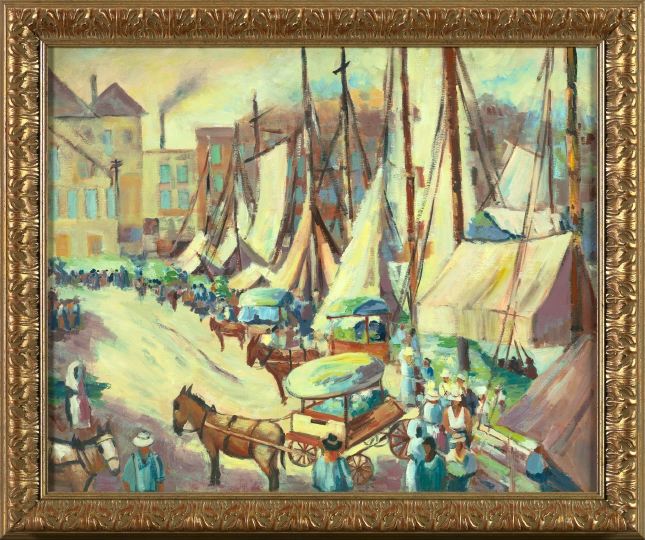 Appraisal: Continental School th Century Dockside Market Scene oil on canvas