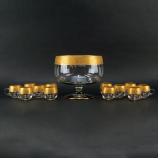 Appraisal: Vintage Mid Century Glass Punch Bowl Set With Gold Band