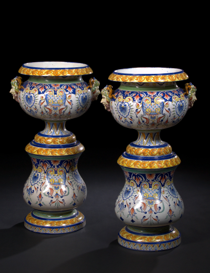 Appraisal: Pair of Italian Majolica Jardinieres-on-Pedestals each with a circular jardiniere