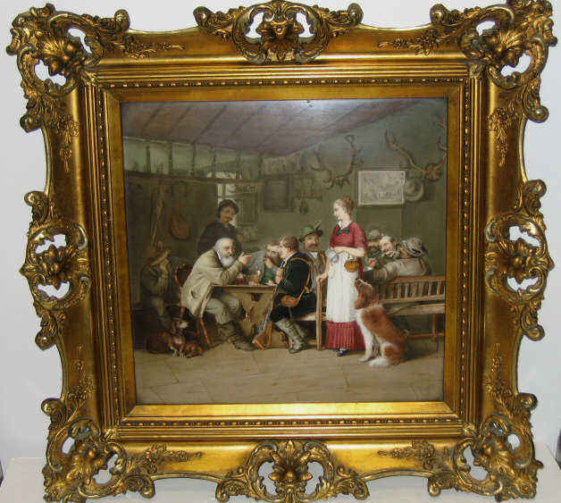 Appraisal: C BAUER GERMAN PAINTING ON PORCELAIN Interior scene with figures