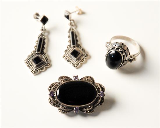 Appraisal: A Silver Black Onyx and Marcasite Demi-parure a ring and