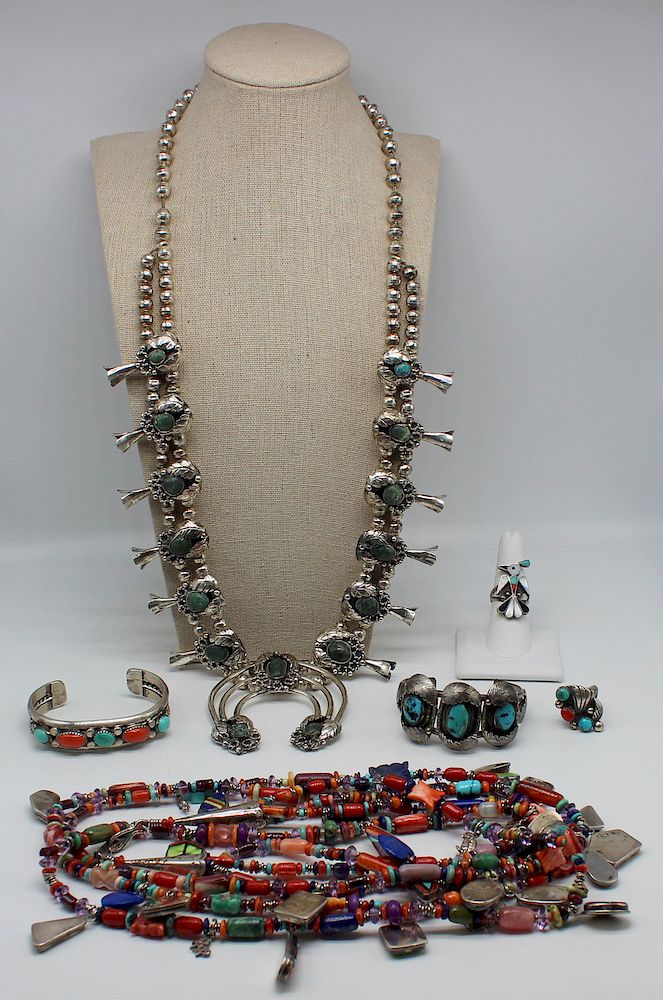 Appraisal: JEWELRY Southwest Silver and Turquoise Jewelry Includes a silver squash