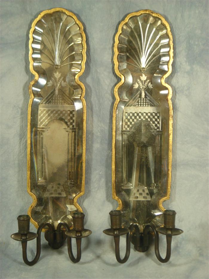 Appraisal: Pr etched bevelled mirrored double arm Venetian wall sconces brass