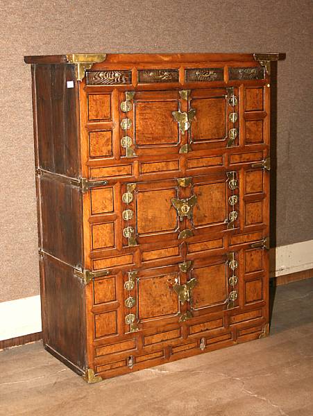 Appraisal: A Korean brass mounted burlwood cabinet th century height ft