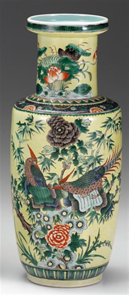 Appraisal: Large Chinese famille verte rouleau vase late qing dynasty Vividly