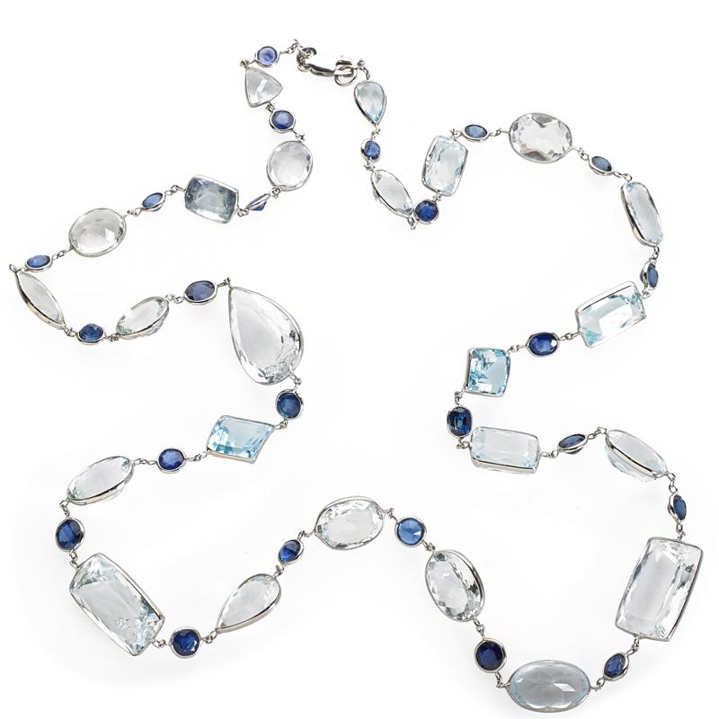 Appraisal: AQUAMARINE AND SAPPHIRE BY THE YARD NECKLACE Variously shaped faceted