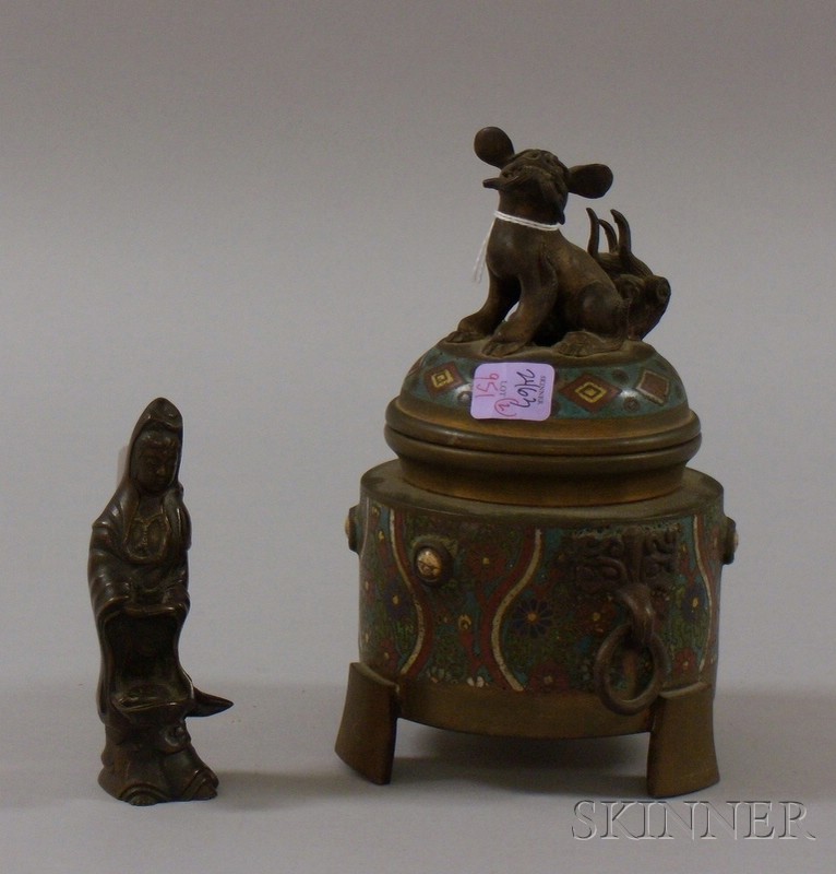 Appraisal: Small Asian Bronze Deity Figure and a Chinese Champleve Bronze