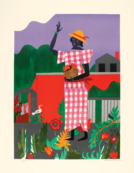 Appraisal: ROMARE BEARDEN Girl in the Garden Color lithograph x mm